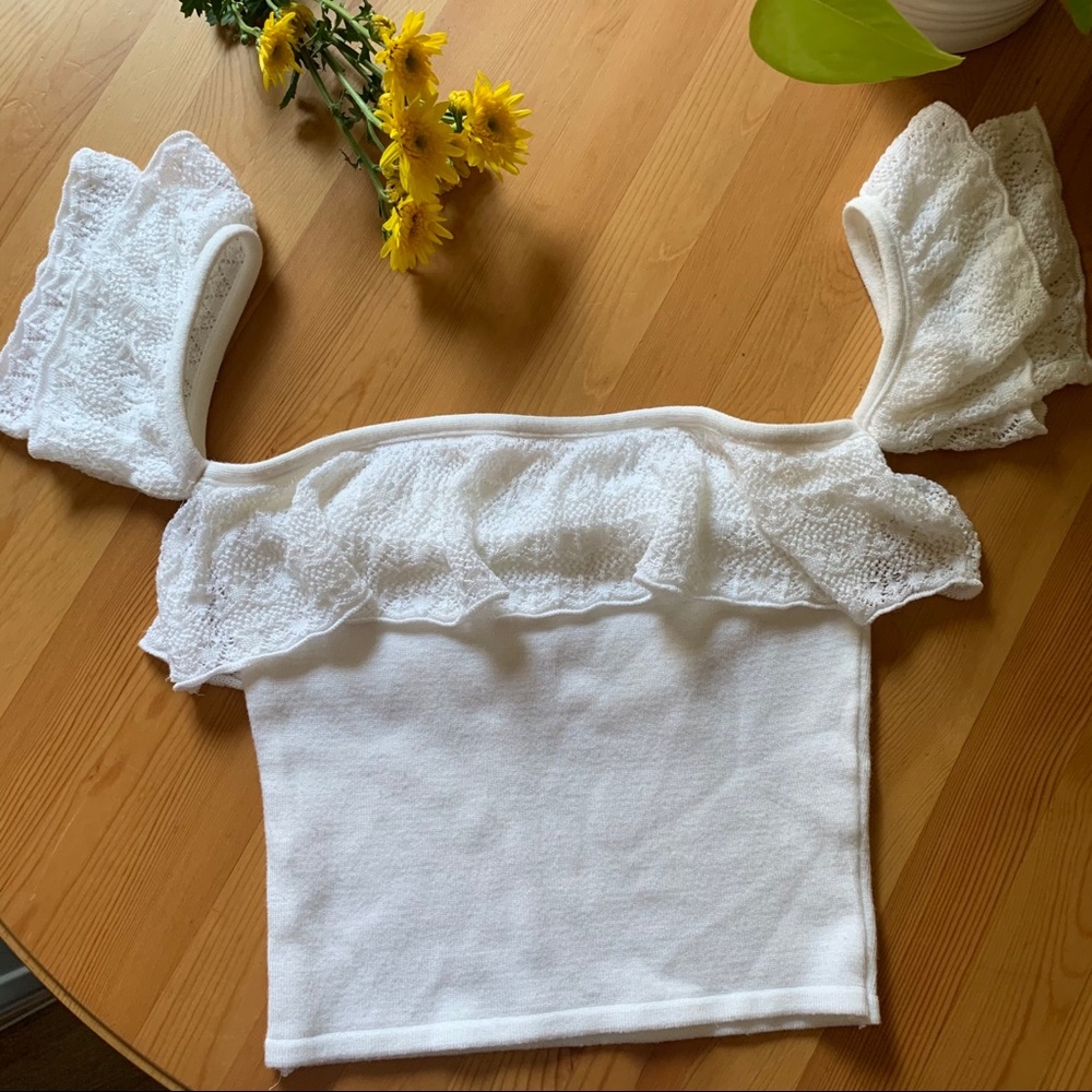 Debut Off the Shoulder White Ruffle Crop Top